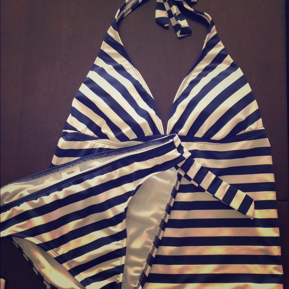 Blue and white stripped two piece swim suit.